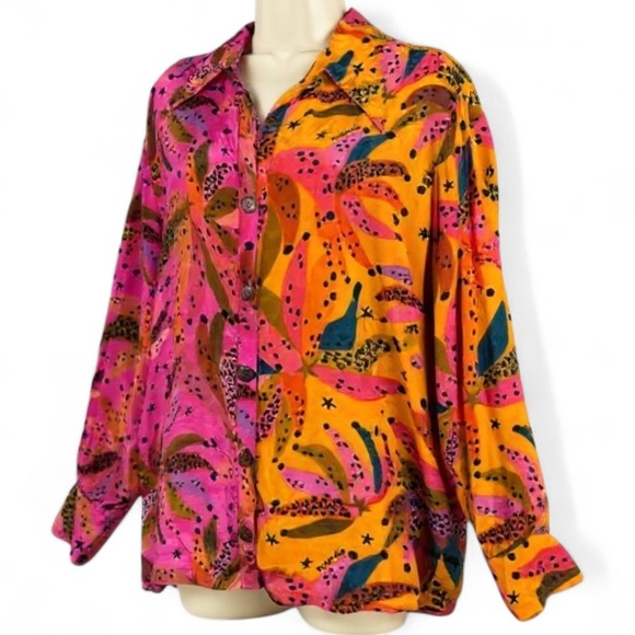 FARM RIO Tropical Banana Logo Button Up Shirt Women Medium Long Sleeves Dopamine - Picture 15 of 15